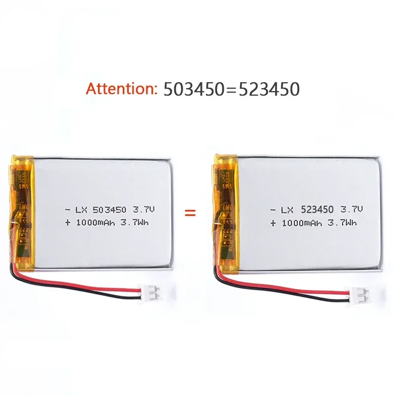 523450/503450 1000mAh 3.7V Polymer Lithium Rechargeable Battery Li-ion Battery JST PH2.0 2pin For GPS Smart Phone DVD MP5