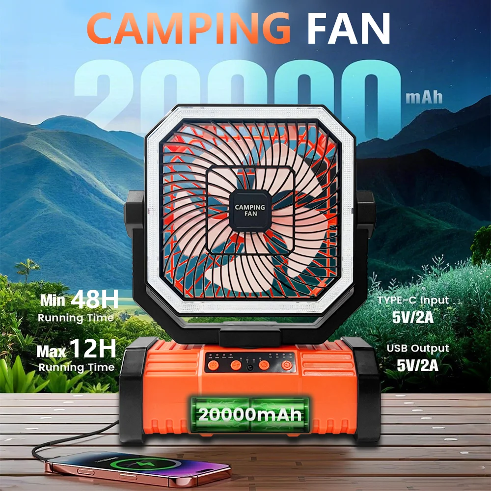 

Беспроводной вентилятор для кемпинга, портативный перезаряжаемый вентилятор с аккумулятором 20000 мАч, работающий от батареи, для палаток и улицы, с крючком для подвешивания