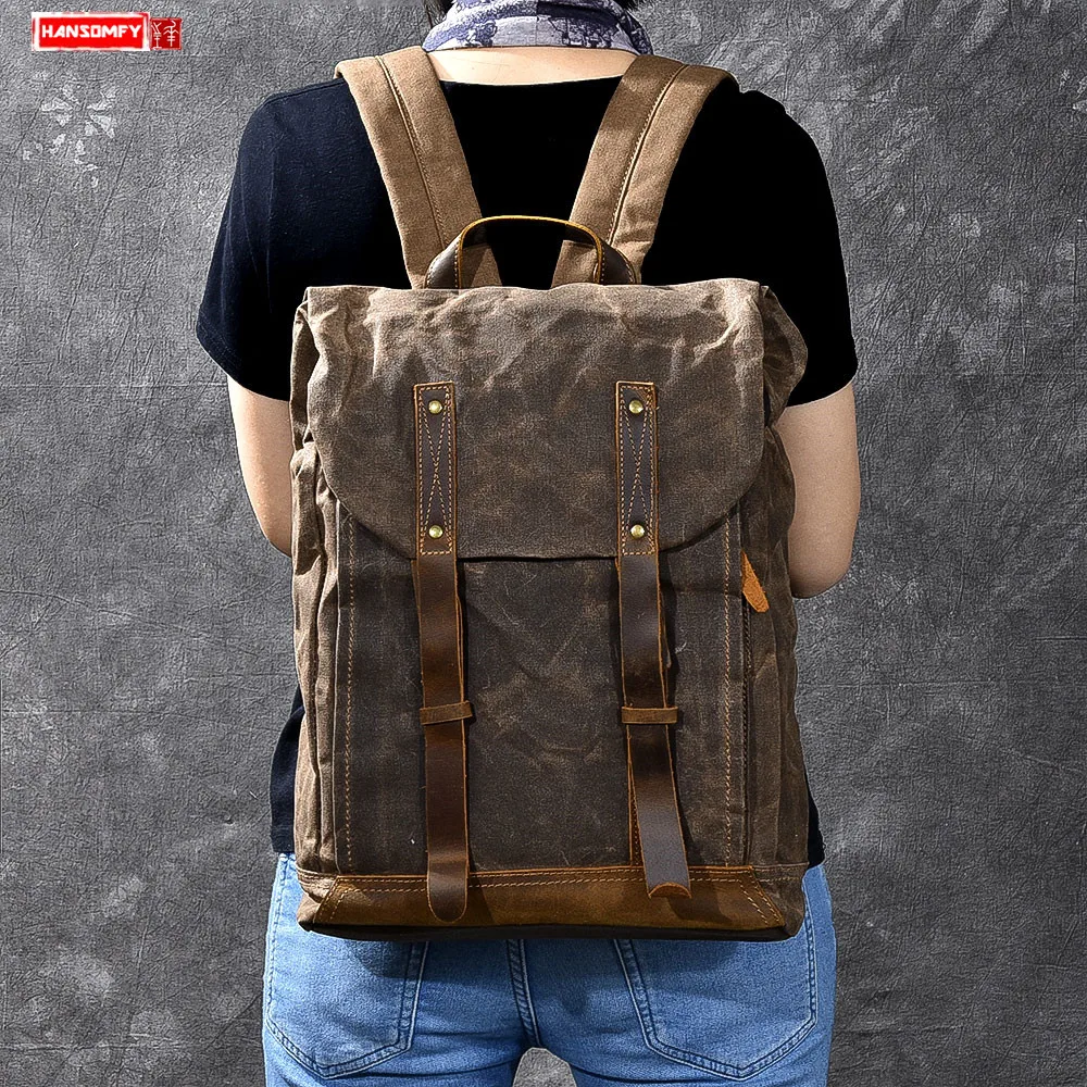 

Men Backpacks Men Shoulder Bag Retro Distressed Backpack Laptop Bag Travel Oil Wax Canvas Waterproof Men's Computer 15 Inch Male