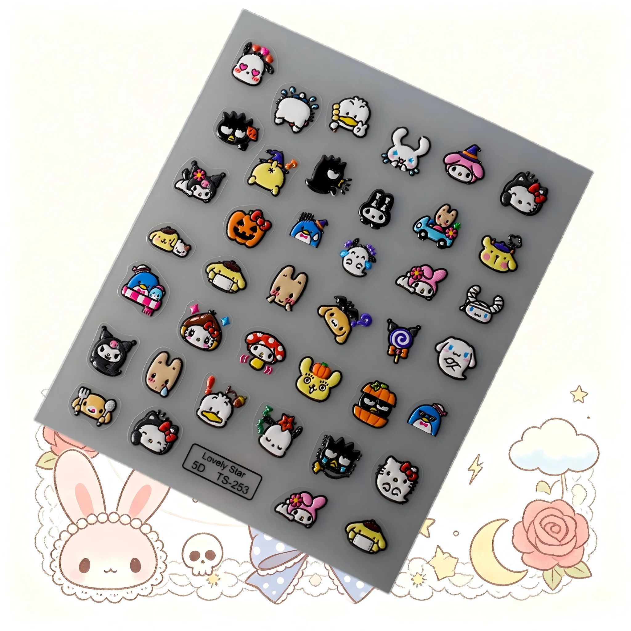 1PCS Cute Hello Kitty Pom Pom Purin Nail Stickers Nail Art Accessories Sanrio Nail Art Supplies Kuromi Pochacco 5D Stickers