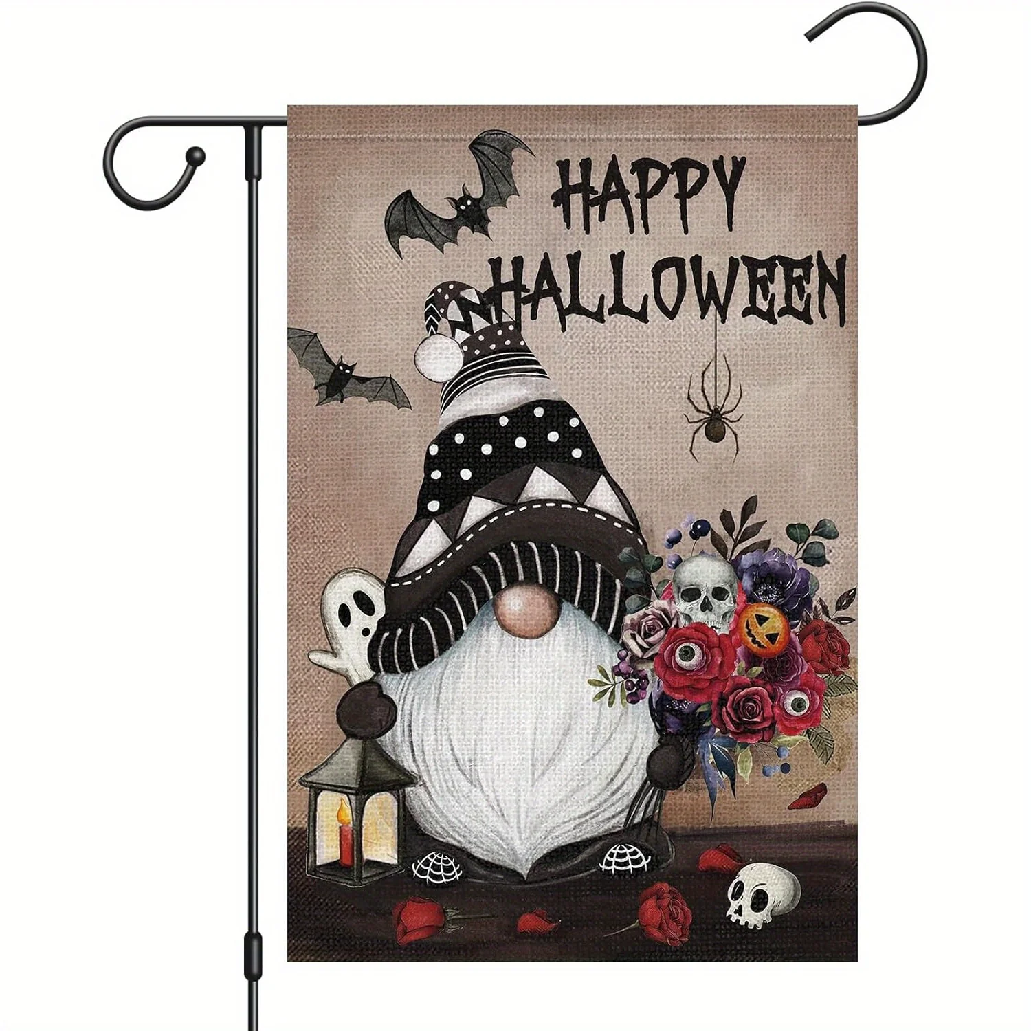 Happy Halloween Gnome Garden Flags 12x18 Inch Vertical Double Sided Burlap, Halloween Ghost Bat Yard Flag Skull Red Rose