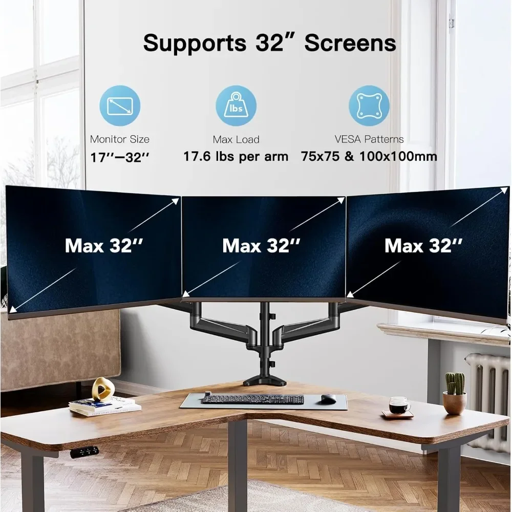 Triple Monitor Mount for 17 to 32 inch Screens, Gas Springs Adjustment Triple Monitor Stand with Swivel, Tilt, Rotation, Clamp