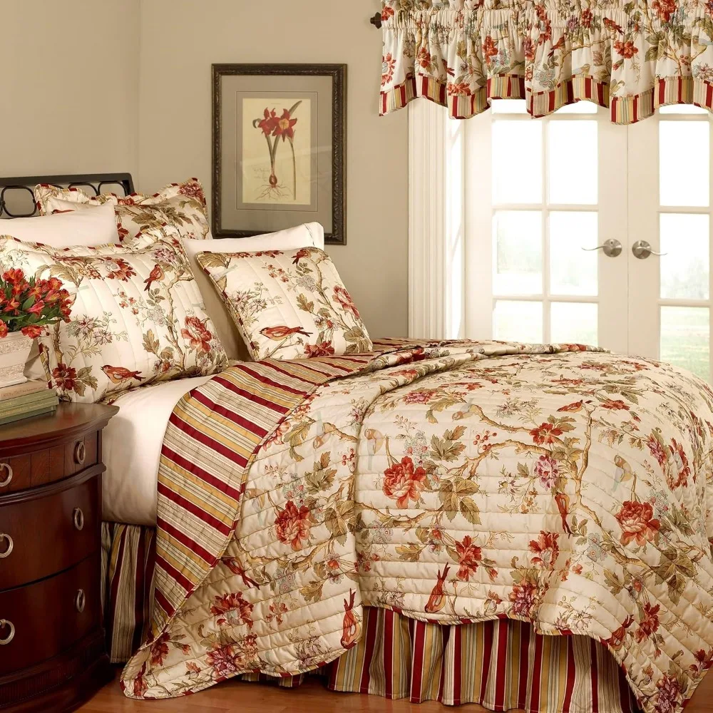 

Modern Farmhouse Floral 4-Piece Reversible Quilt Bedspread Set, Full/Queen, Papaya，Cotton，90 x 90 x 0.04 inches