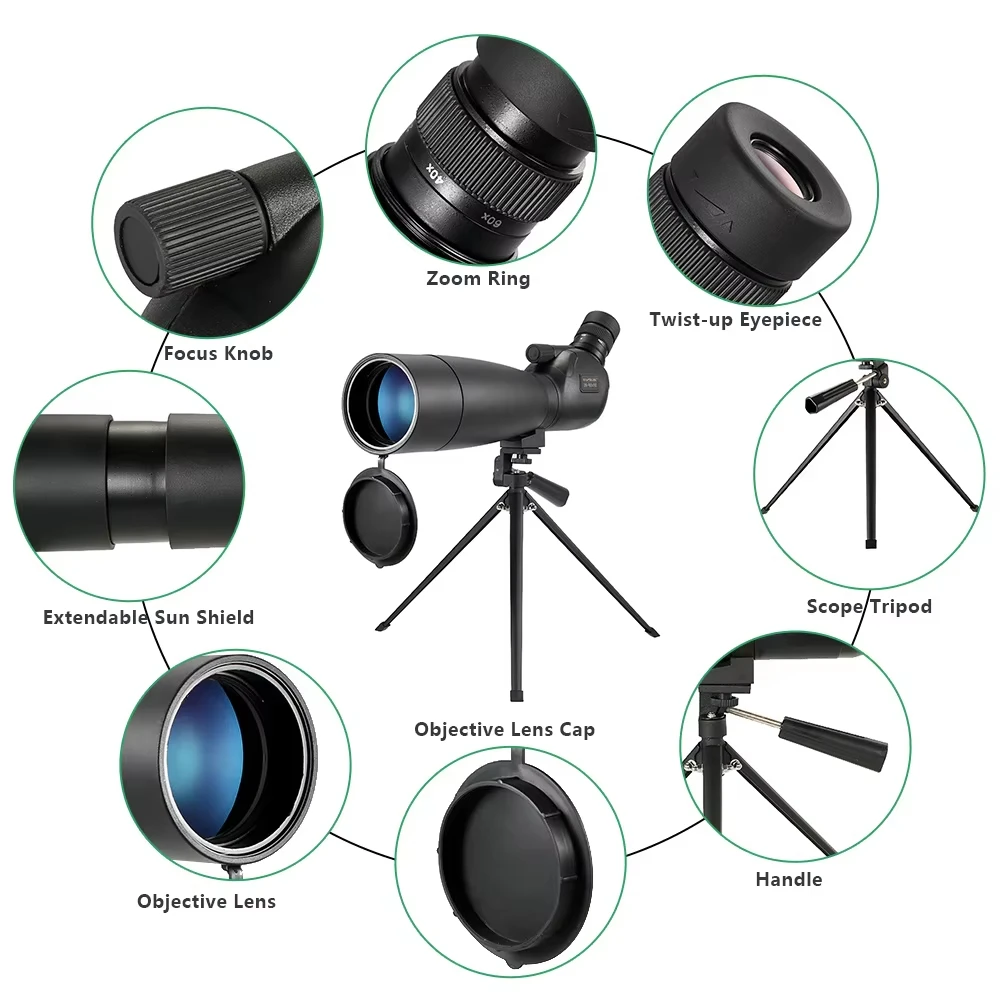 Telescope Bird Watching Monoculars Mirror 20-60x60 Zoom Ipx4 Waterproof Bak4 Prism Lightweight Suitable Bird Watching Camping