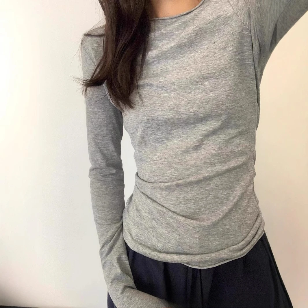

Gray Shoulder Long Sleeve T-Shirt Women's Pre-Fall 2024 New Slim Inner Base Jacket Loose Rolled Up Top