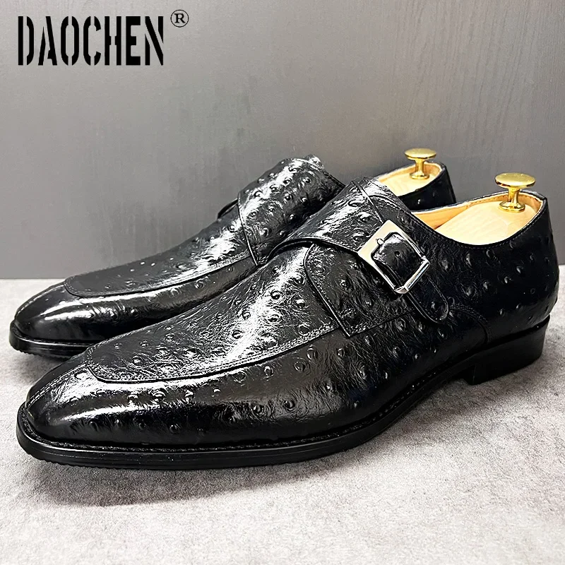 Elegant Mens Dress Shoes Formal Black Monk Strap Loafers Animal Print Calf Leather Handmade Man Shoes Monk Shoes for Men