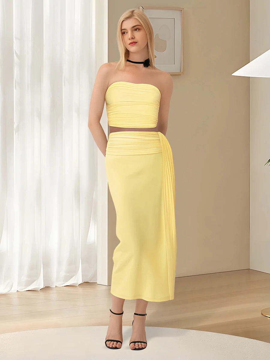 

New Womens Summer Outfit Slim Fit Stylish Solid Strapless Tops and Tassel Long Skirt 2 Pcs Set Hot Sale S M L