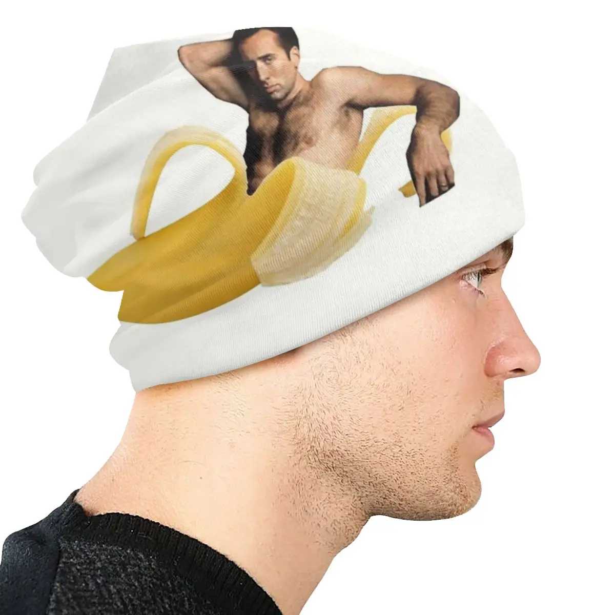 Custom Nicolas Cage In A Banana Bonnet Beanie Knitting Hat Men Women Hip Hop Unisex Funny Meme Warm Winter Skullies Beanies Cap