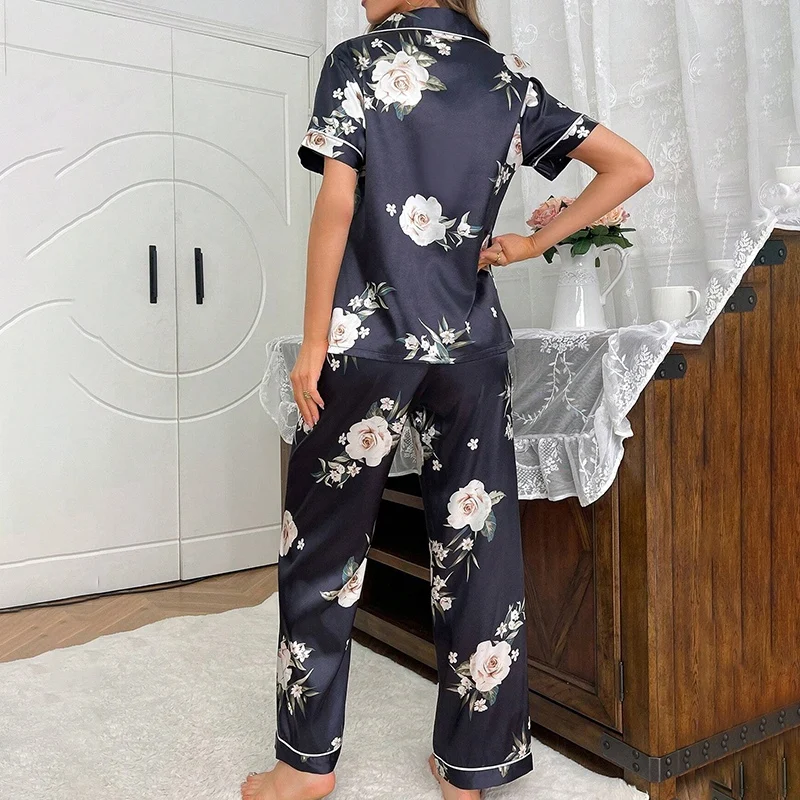 Satin Pajamas for Women Flower Print Sleepwear Autumn Home Clothes Soft Comfort Short Sleeve Tops & Pants Pyjama Pijama Femme