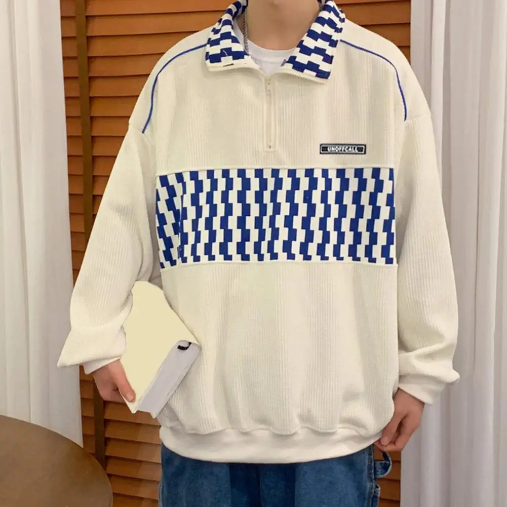 Waffle Half-zip Sweatshirt Retro Checkerboard Zipper Sweatshirt for Men Stand Collar Streetwear Top with Elastic Cuff for Fall