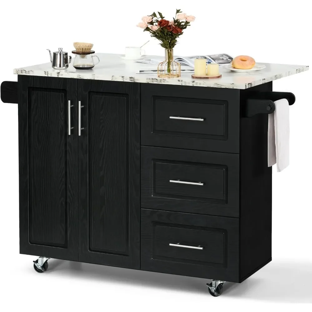 Kitchen Island with Storage, White Marble Tabletop, Rolling Kitchen Island Cart on Wheels with Drop Leaf Breakfast Bar,Black