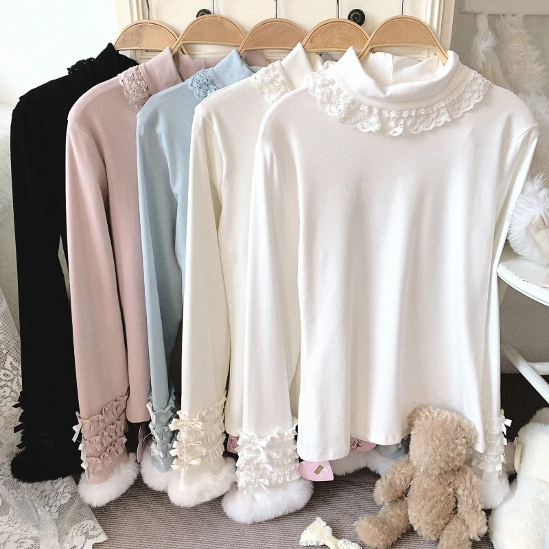 Kawaii Sweet Girls Turtleneck Long-sleeved T-shirt Women Autumn Winter New Lolita Fluffy Cute Bow Stretch Slim Tops T Shirts