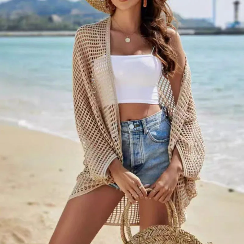 Boring Honey Vacation Hollow Knitting Cardigan Women's Thin Sunscreen Loose Bikini Beach Blouse Long Shawl Coat Sexy Women Tops