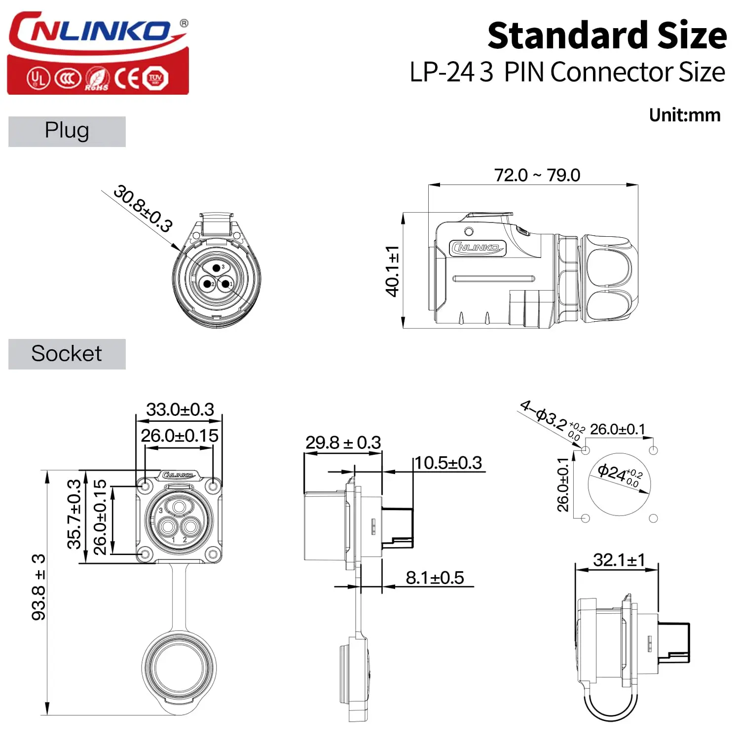 CNLINKO LP24 Quick Screw Locking Connector 2/3 Pin Industrial AC Power Waterproof IP68 25A Lock Line O.D10.5~14mm Wire Connector