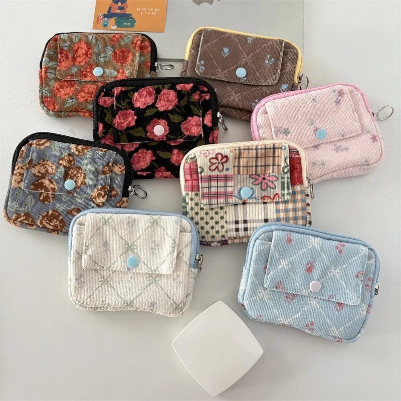 New Corduroy Leopard Printed Flip Top Coin Purse Wallet Hasp Zipper Card Bag Organizer Women Earphone Lipstick Pouch ID Holder