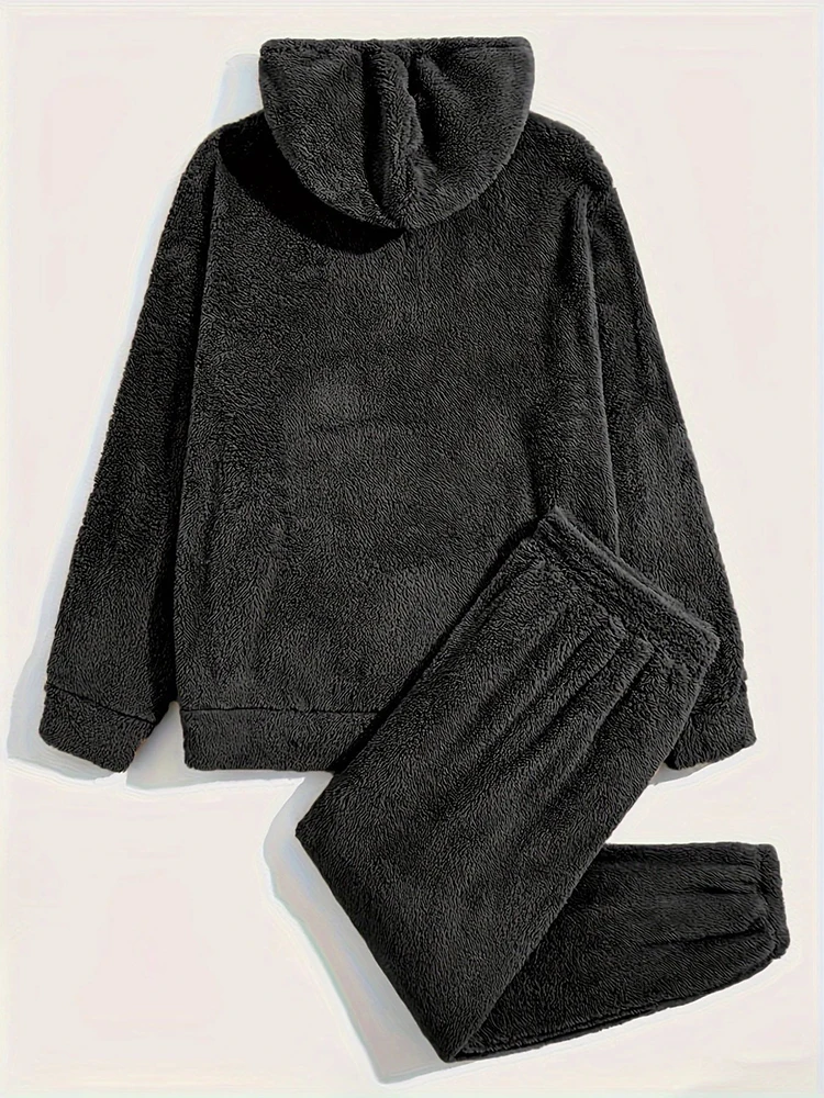 Fall Winter Warm Outdoor Fleece Two Piece Suits Men Spring Fashion Solid Color Fleece Furry Hoodie And Pants Outfits Mens Sets