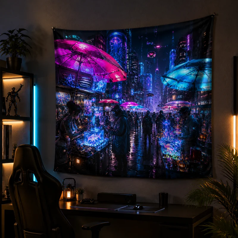 VIKAMA Cyberpunk Anime Girl Tapestry, Neon Mechanical Wings Wall Hanging for Bedroom Aesthetic Home Decor