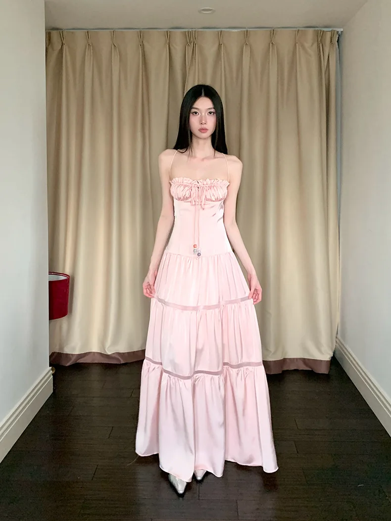 Robe de princesse rétro en Satin rose pour femmes, sans bretelles, à nouer, panneau découpé, coupe cintrée, luxueuse, Style princesse féerique, robe de soirée/gala