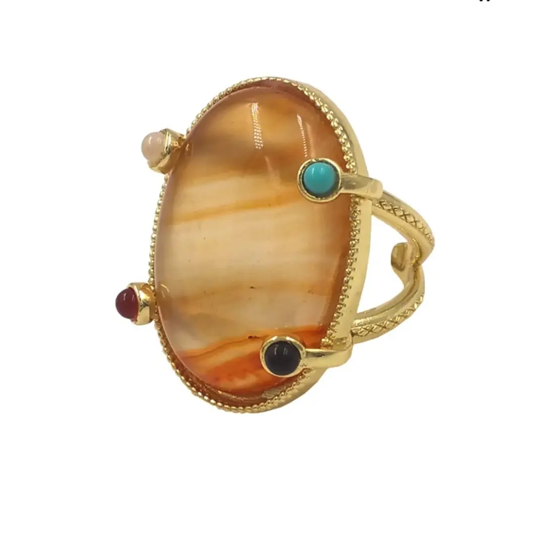 

WT-R585 Geometric Oval Shape Texture Colorful Gemstone Rings With Colored Beads Paved For Unisex Vintage Accessory