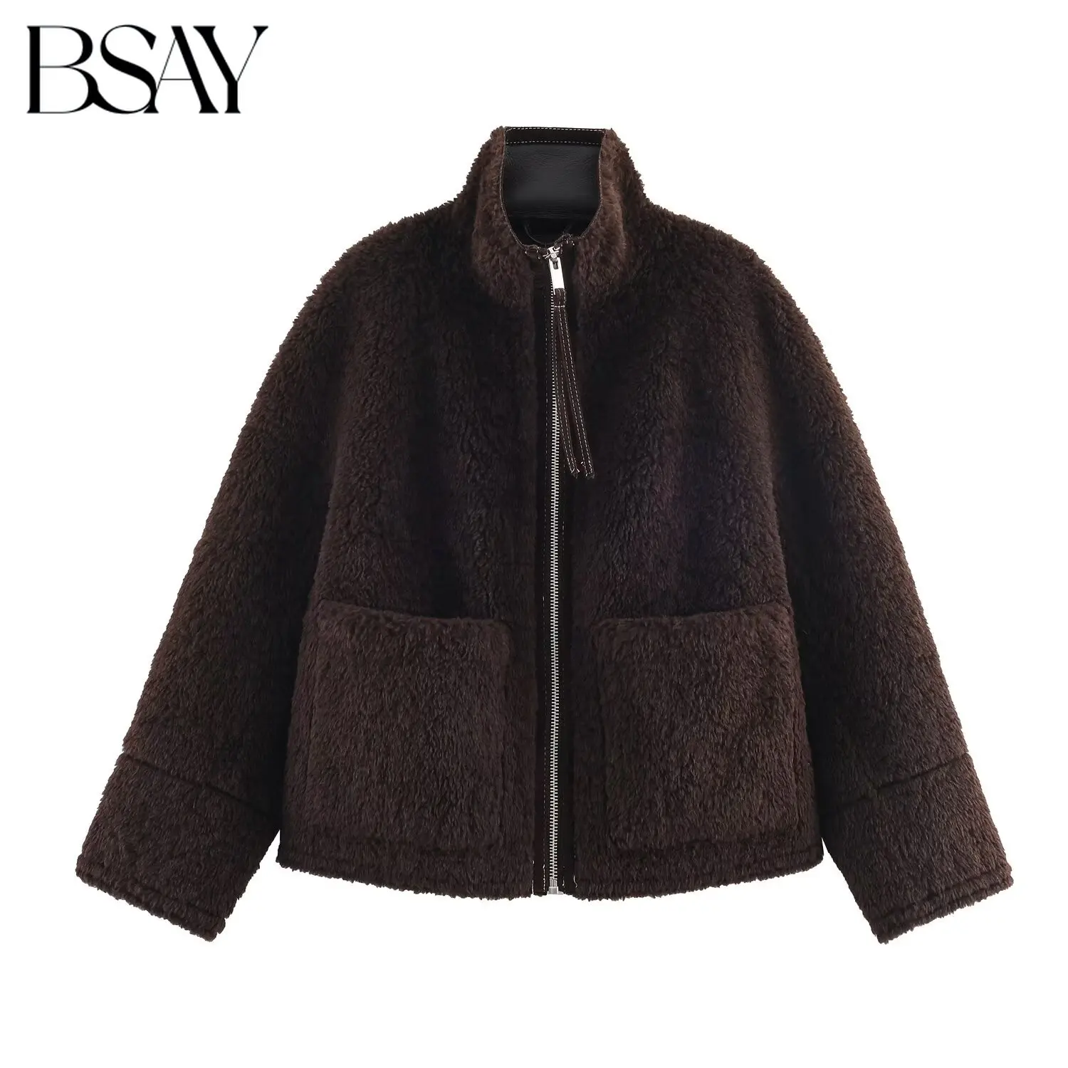 

BSAY Fur Integrated Jacket for Women Fashion Winter New Solid Long Sleeved Turtleneck Zip Pocket Short Coats Chic Ladies Tops