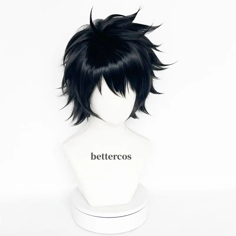 L.Lawliet Peruca Cosplay, Preto curto, Camada desgrenhada, Resistente ao Calor, Cabelo Traje, Boné Peruca