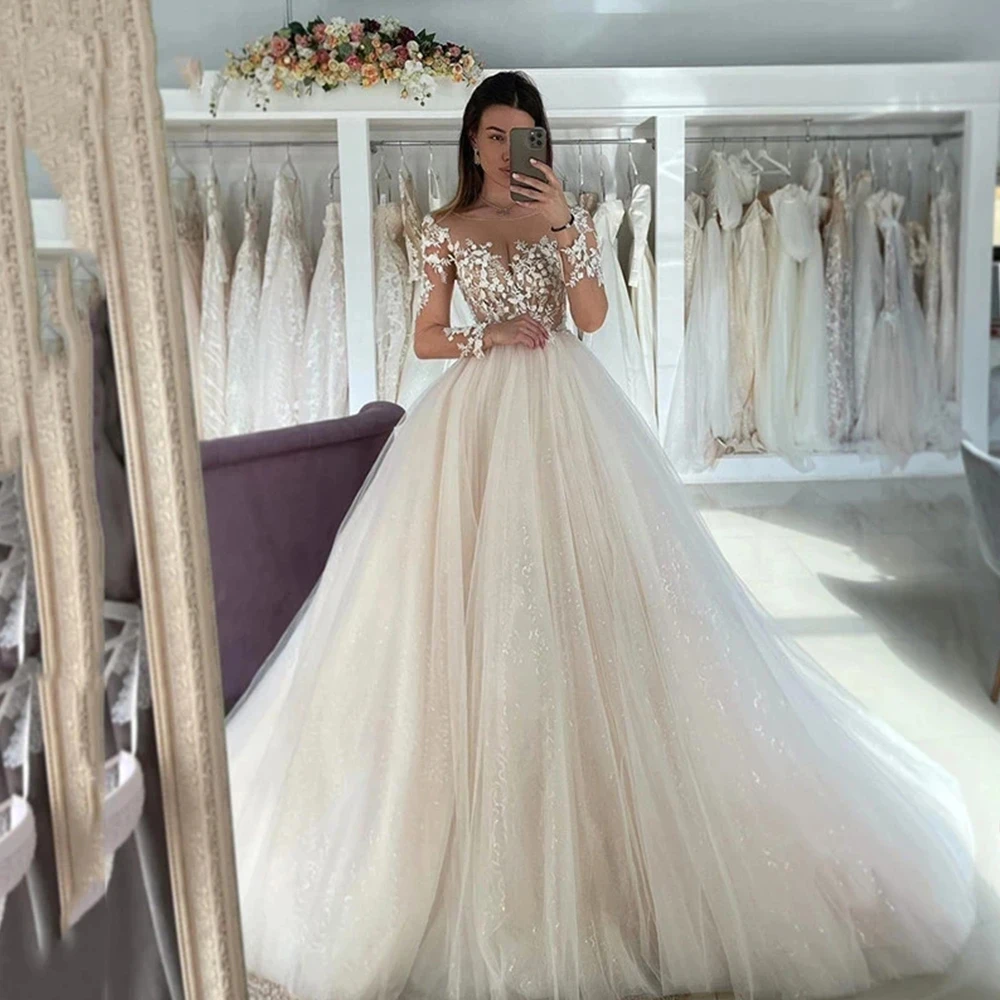 ZJ9319 Customized Princess Wedding Dresses Off Shoulder Lace Applique Ladies Long Sleeve Boho Bridal Gowns Custom 2024