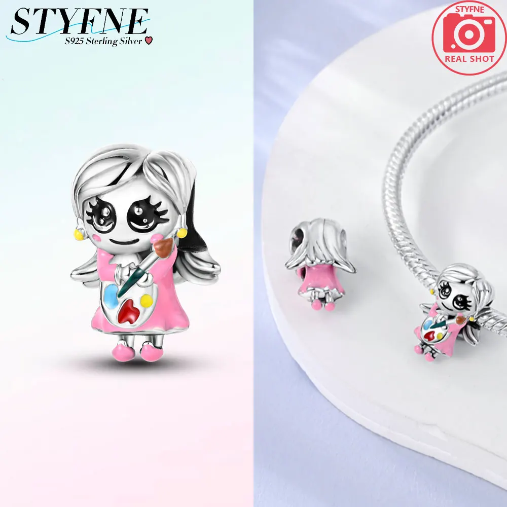 

Cute Pink Girl Painter Beads 925 Sterling Silver Original Beads Fit Original 925 Charms Bracelet Beads Jewelry Gifts for Women