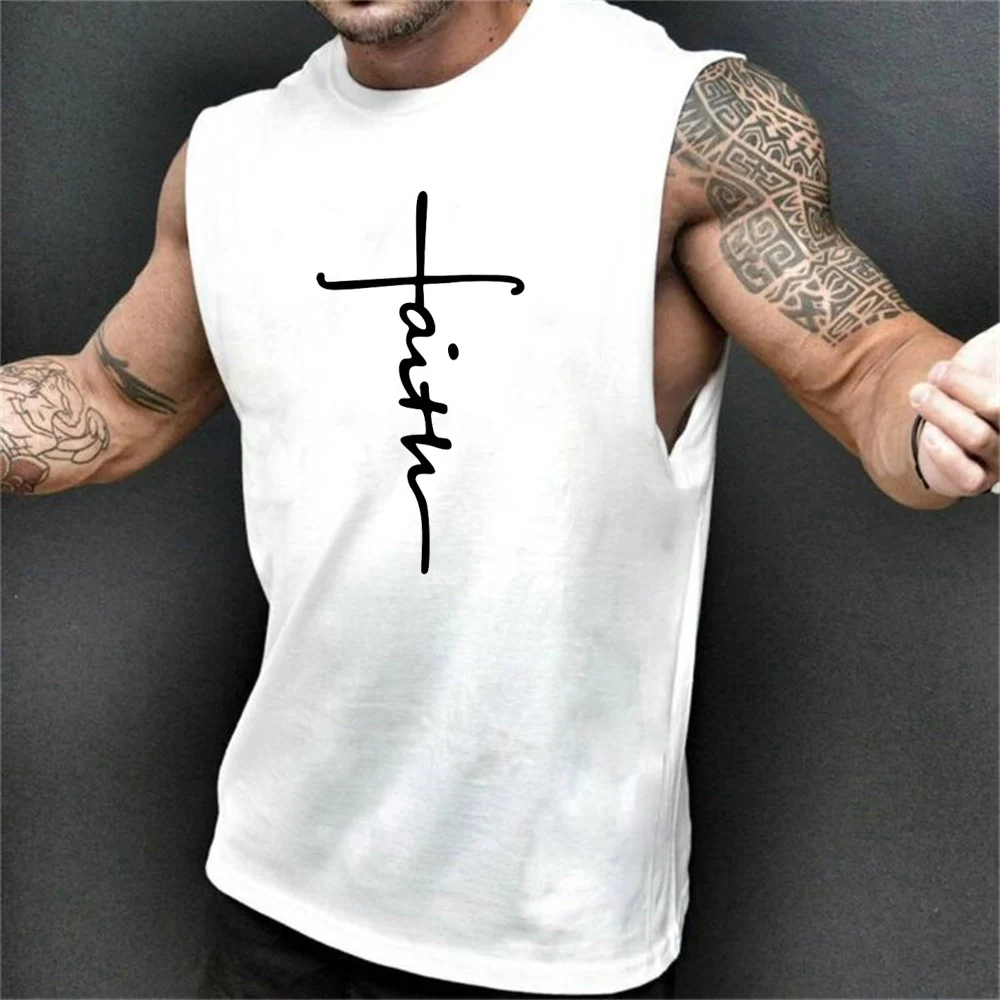 Men's Summer Cross Faith Print Fitness Loose Size Breathable and Comfortable Round Neck Sleeveless Tank Top T-shirt