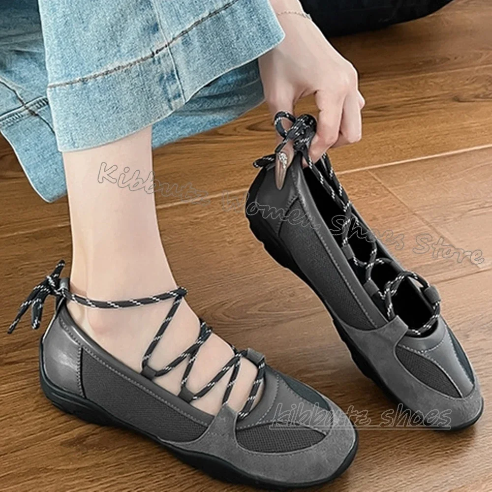 Mesh Ballet Pumps Cross Strap Fashion Novelty Sexy Concise Leather Party Dress Women Shoes Mixed Color New Round Toe Flat with