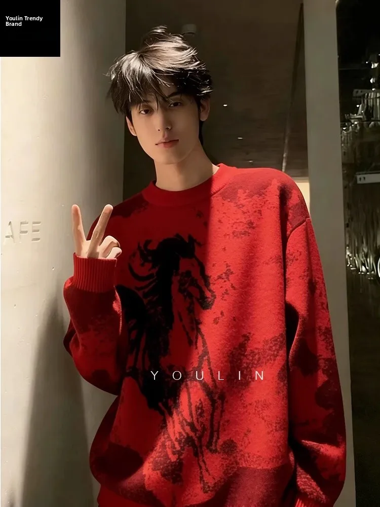 

Мужской вязаный свитер с рождественской тематикой, красный, с узором «Год удачи», повседневный стиль, с длинным рукавом, круглый вырез, пуловер, зимний