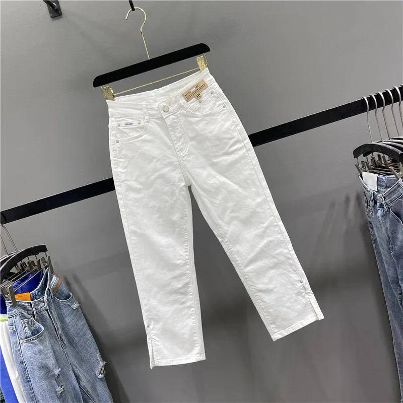 White Denim Straight Leg Pants Women's Casual Slimming Split Cuffed Cotton Stretch Jeans Spring Summer New Style Eighteen Inches