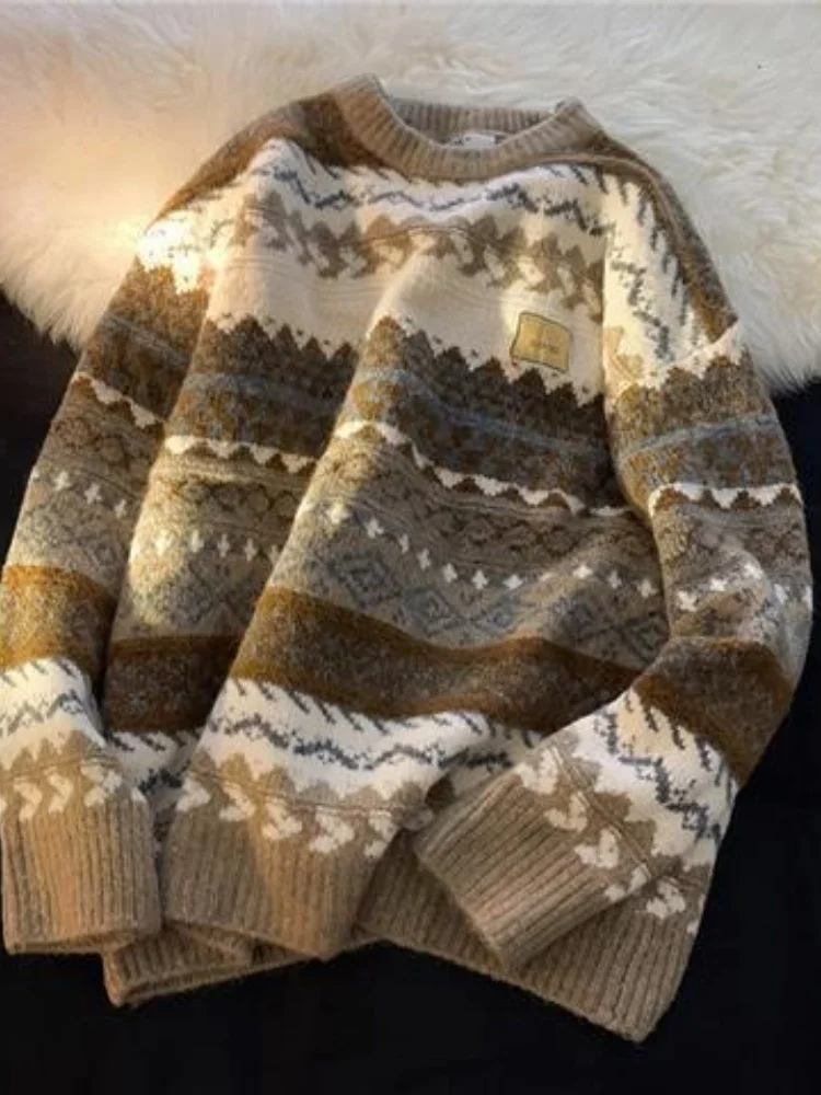 Unisex Sweater 2025 Autumn Winter Men's Thickened Lazy Style Sweater Retro Crew Neck Loose Trendy Ins Casual Knitwear