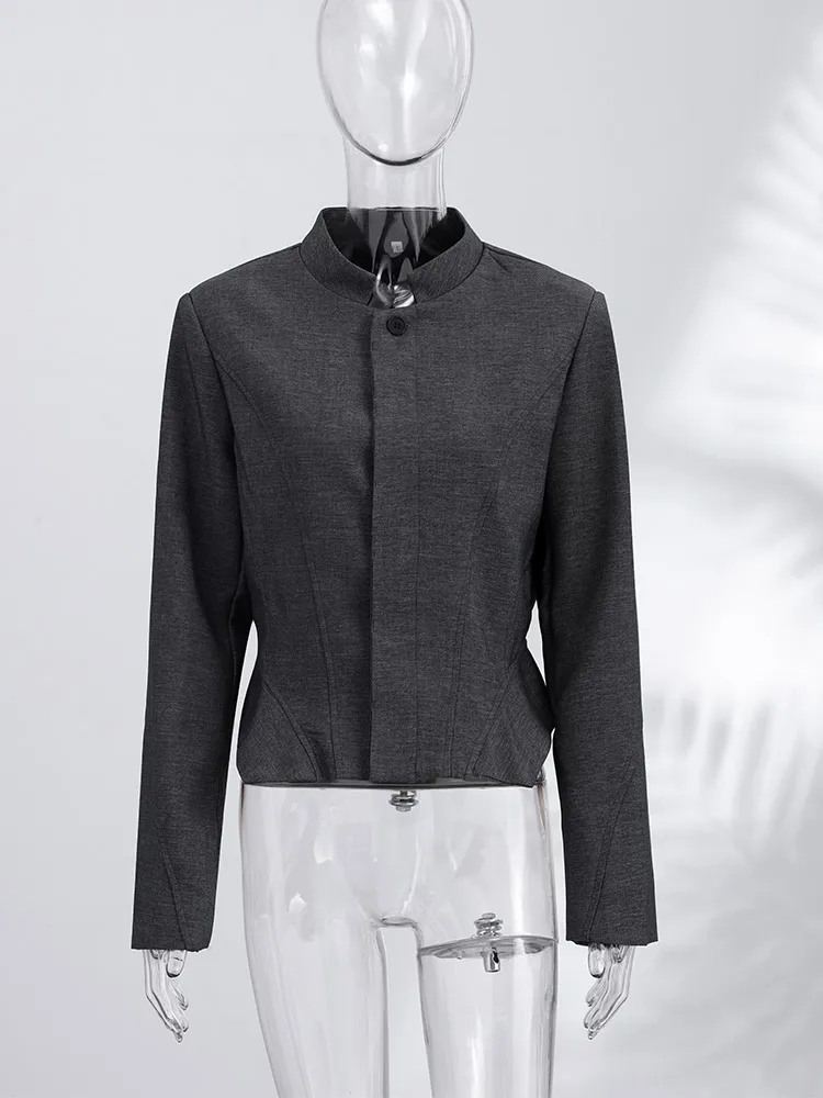 Stehkragen-Mantel mit Knöpfen und Rüschensaum, Tailliertes Damen-Jackenkleid, Elegante Langarm-Einreiher-Slim-Fit-Jacke, Neue Damenoberbekleidung – Detail 4
