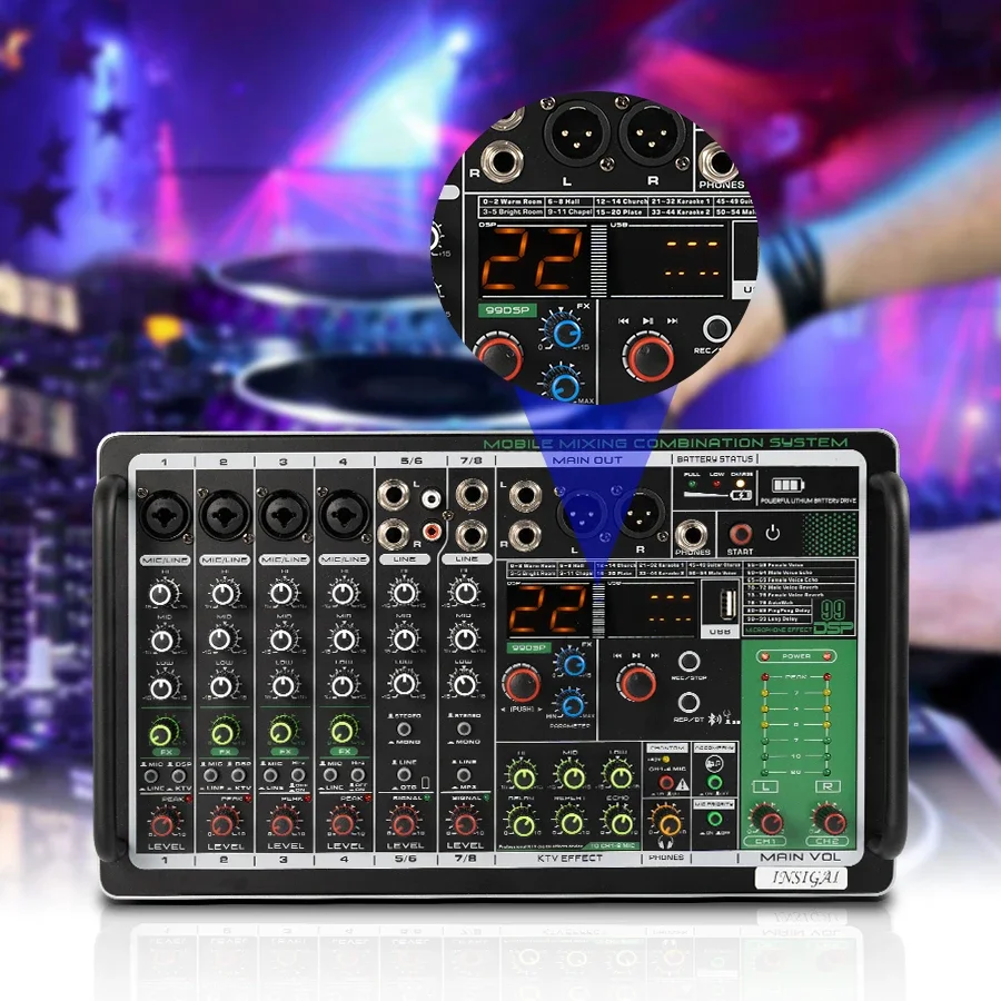 

18000 mAh battery Powered 8 Channel Dj Controller 99 DSP DJ Mixer USB Sound amplifier Live Audio Mixer