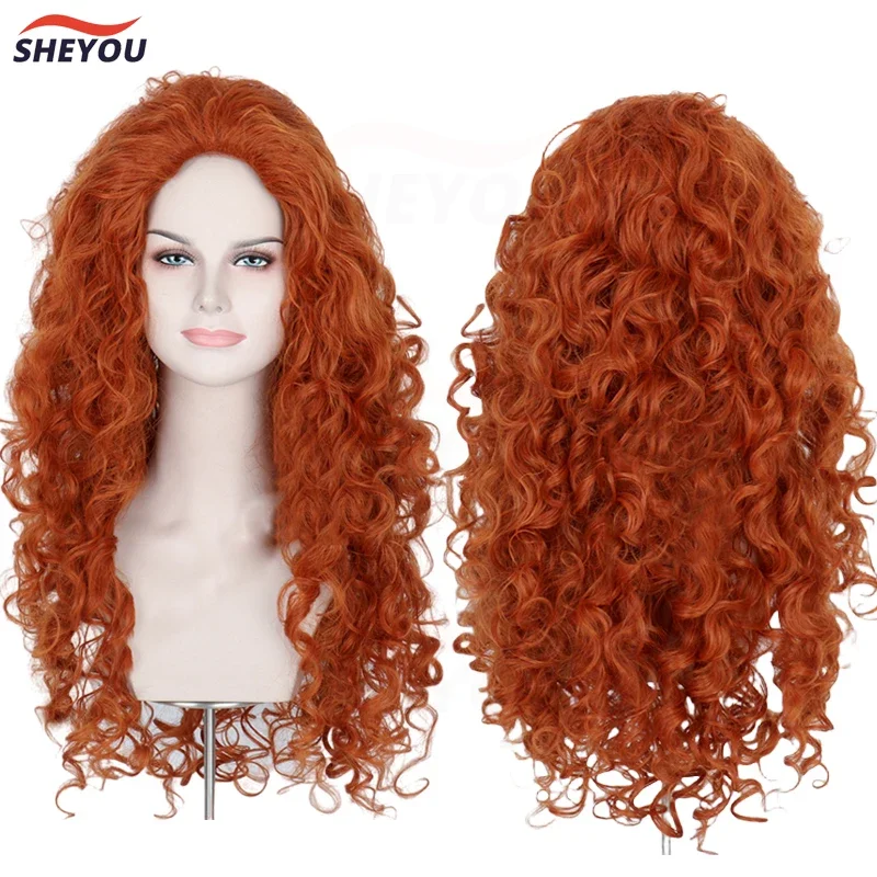 Movie Brave Princess Merida Cosplay Wigs Mei lida Orange Curly Long Heat Resistant Synthetic Hair Halloween Party Wig   Wig Cap