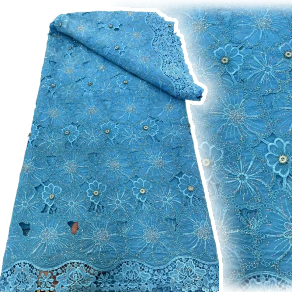 

Африканский молочный шелковый шнур, кружевная ткань, высококачественное кружево, 5 ярдов, нигерийское французское сетчатое кружево с бусинами для шитья свадебного платья C1362