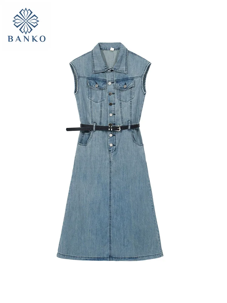 

New Design Polo A-Line Dress Sleeveless Women Elegant Mid-Calf Denim One-Piece Frocks With Belt Clothing Classical Streetwear