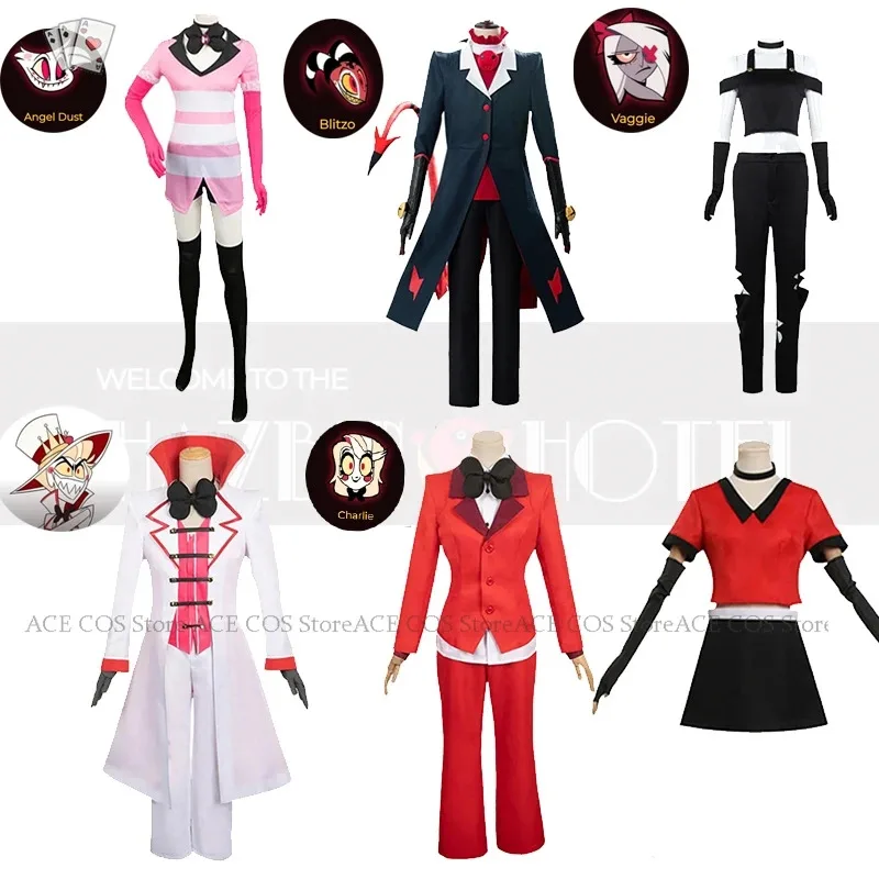 qq78Request7Anime Hazbin Lucifer Hotel Charlie Morningstar Costume Vaggie Blitzo AD Angel Dust Cosplay Clothes Halloween Party S