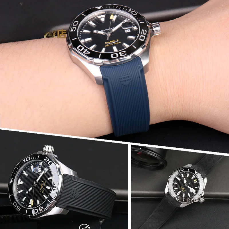 Silicone Watch Strap para Tag Heuer Concept F1, Strap Relógio Mergulho, 300 Rubber Arc Interface, Fold Buckle, Black and Blue Stripe, 22mm Tool