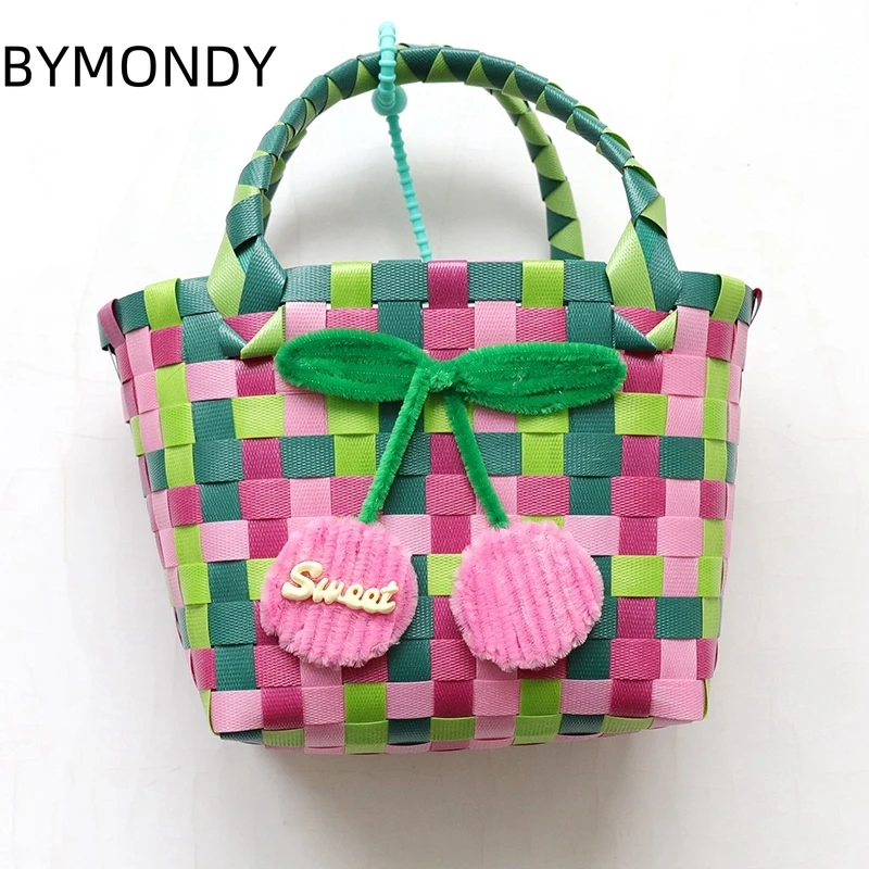 BYMONDY Girls Summer Colorful Tote Bags Fashion Women Woven Casual Small Handbags Holiday Travel Female Flower Cute Basket Bag