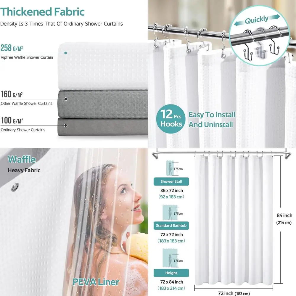 

Luxury Waffle Shower Curtain Set with 12 Hooks, 258GSM, 72x84, White