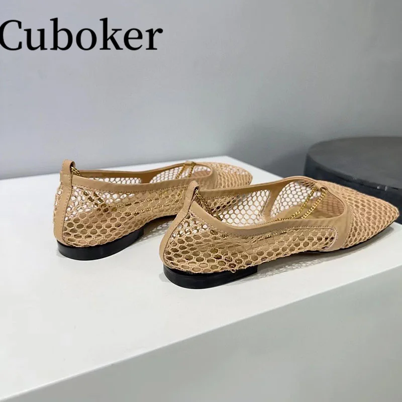 Summer Women Gold Chain Flat Sandals Sexy Mesh Square Toe Female Mules Brand Runway Party Dress Porous Shoes for Women Vacation