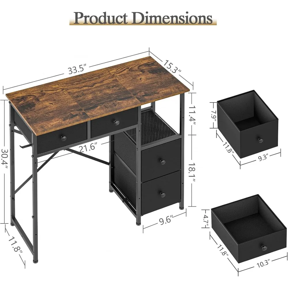 Small Computer Desk with 4 Fabric Drawers, Simple Writing Desk for Home Office, Compact Study Desks for Small Spaces, Kids Desk