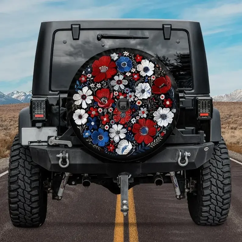 Faux Embroidery Spare Tire Cover, Red White Blue Botanical Tire Cover, Unique Spare Tire Covers Backup Camera Hole, Floral Car a