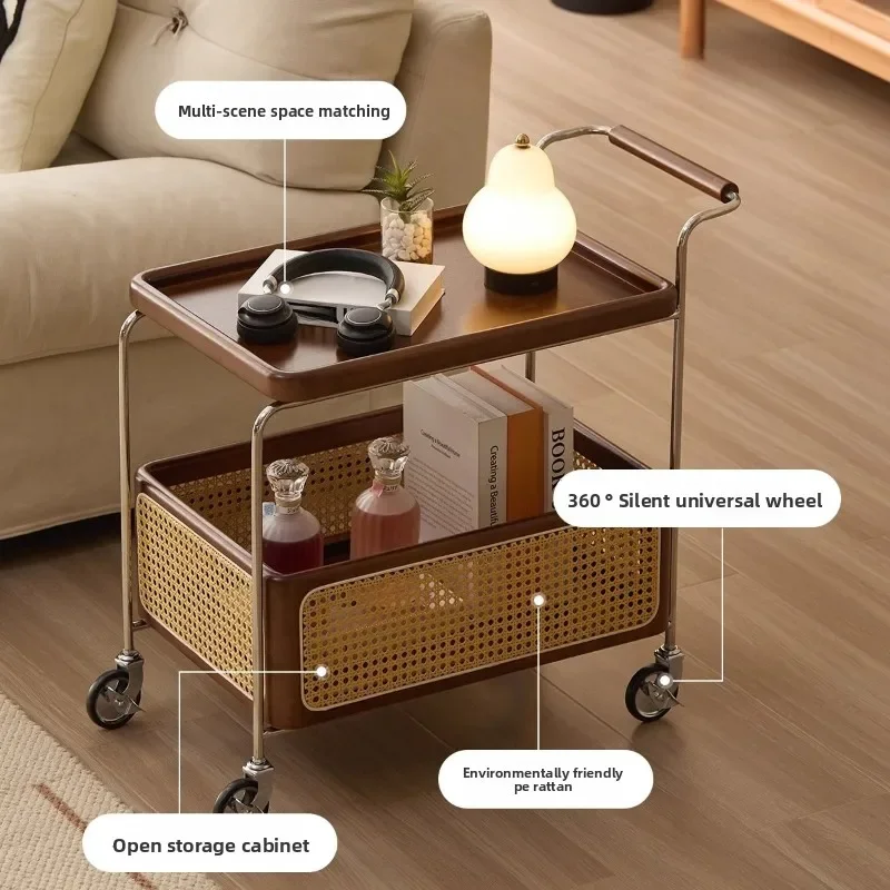 All solid wood rattan trolley movable small side table medieval corner sofa tea cart storage side cabinet