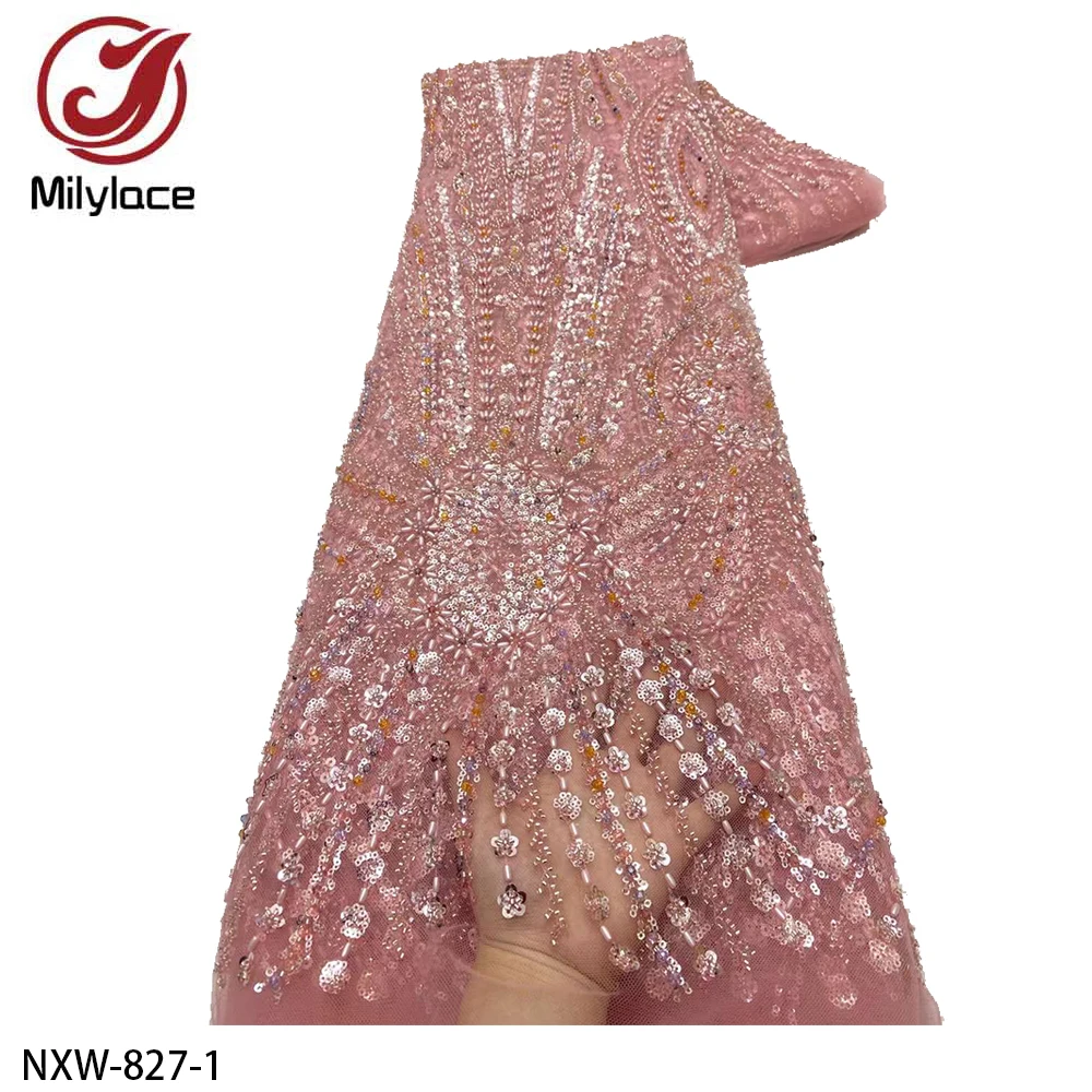 African Handmade Sequins Net Pearls Lace French Heavy Beaded Tulle Lace Fabric for Bridal Party Dress NXW-827