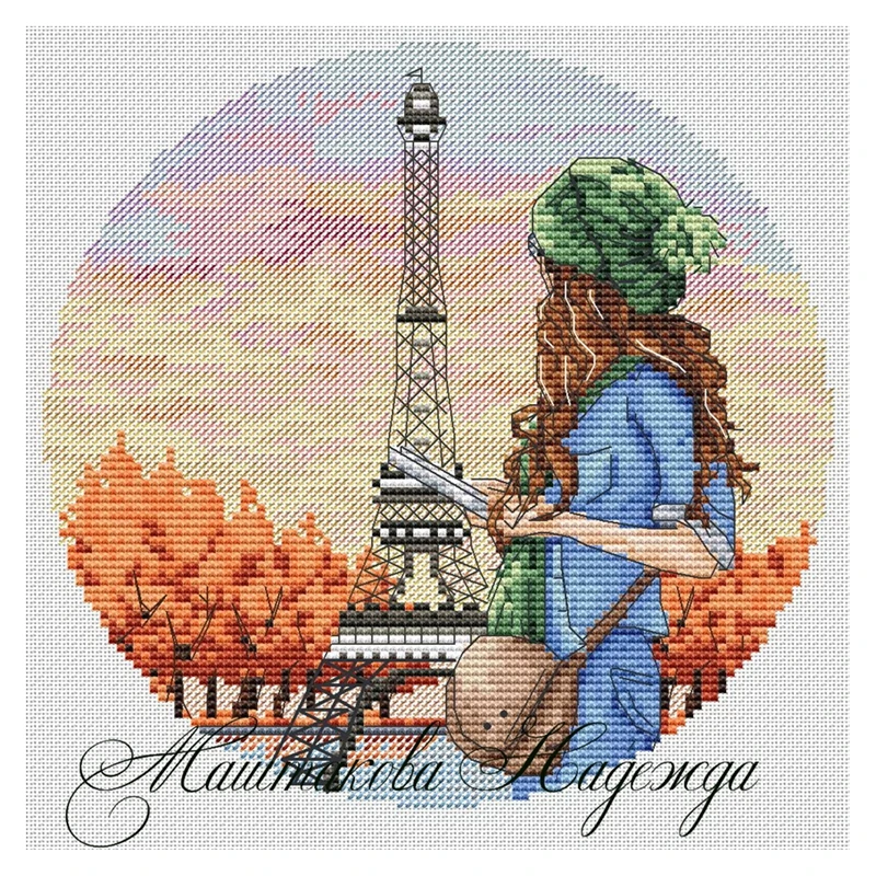 

Cross-stitch set: Back view Girl Tower 28ct, 18ct, 14ct, 11ct. You can choose the printed fabric hand-embroidery material pack