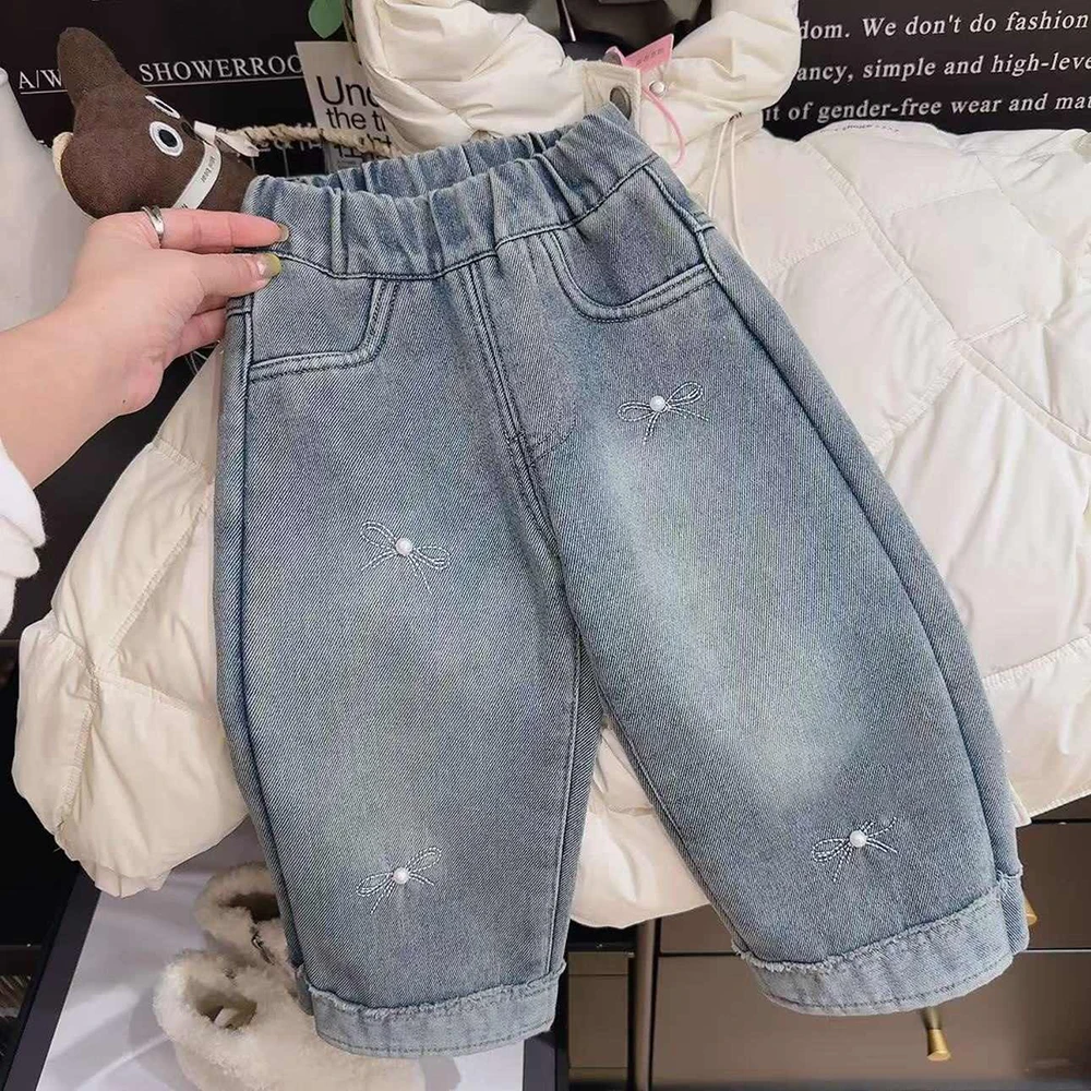 Girls Pearl Bow Denim Pants 2025 Spring Autumn Elastic Waist Straight Wide Leg Pants Korean Style Kids Jeans Children Clothes