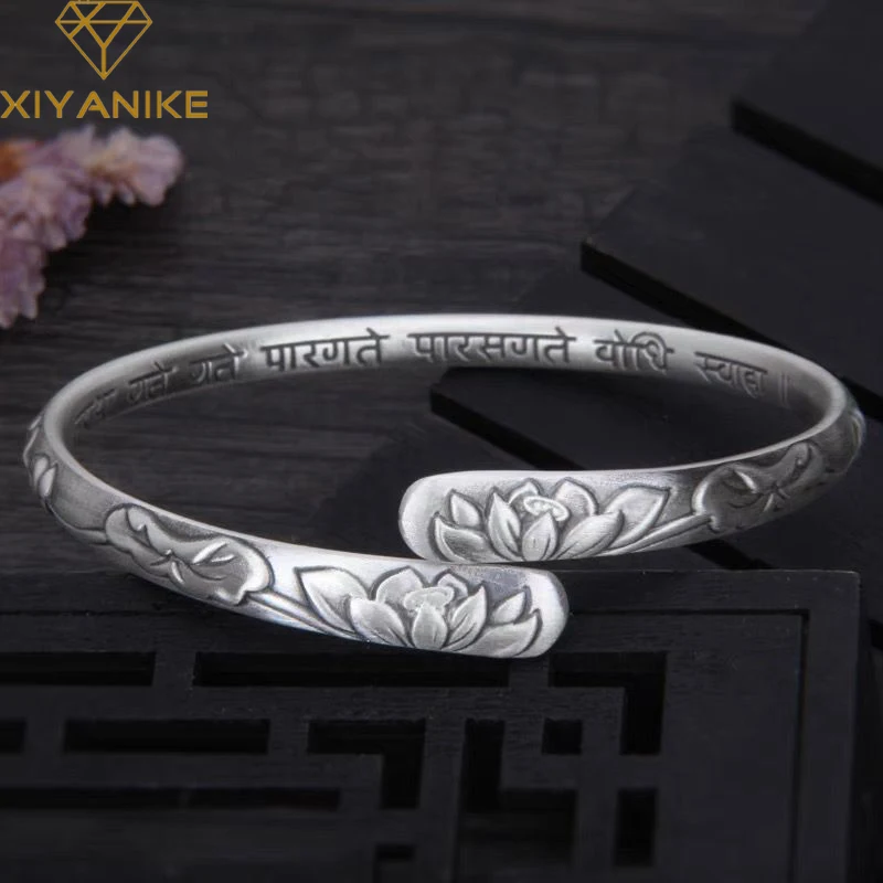 XIYANIKE Vintage Thai Silver Lotus Flower Cuff Bracelet For Women Girl Ethnic Fashion New Jewelry Party Lady Gift pulseras mujer