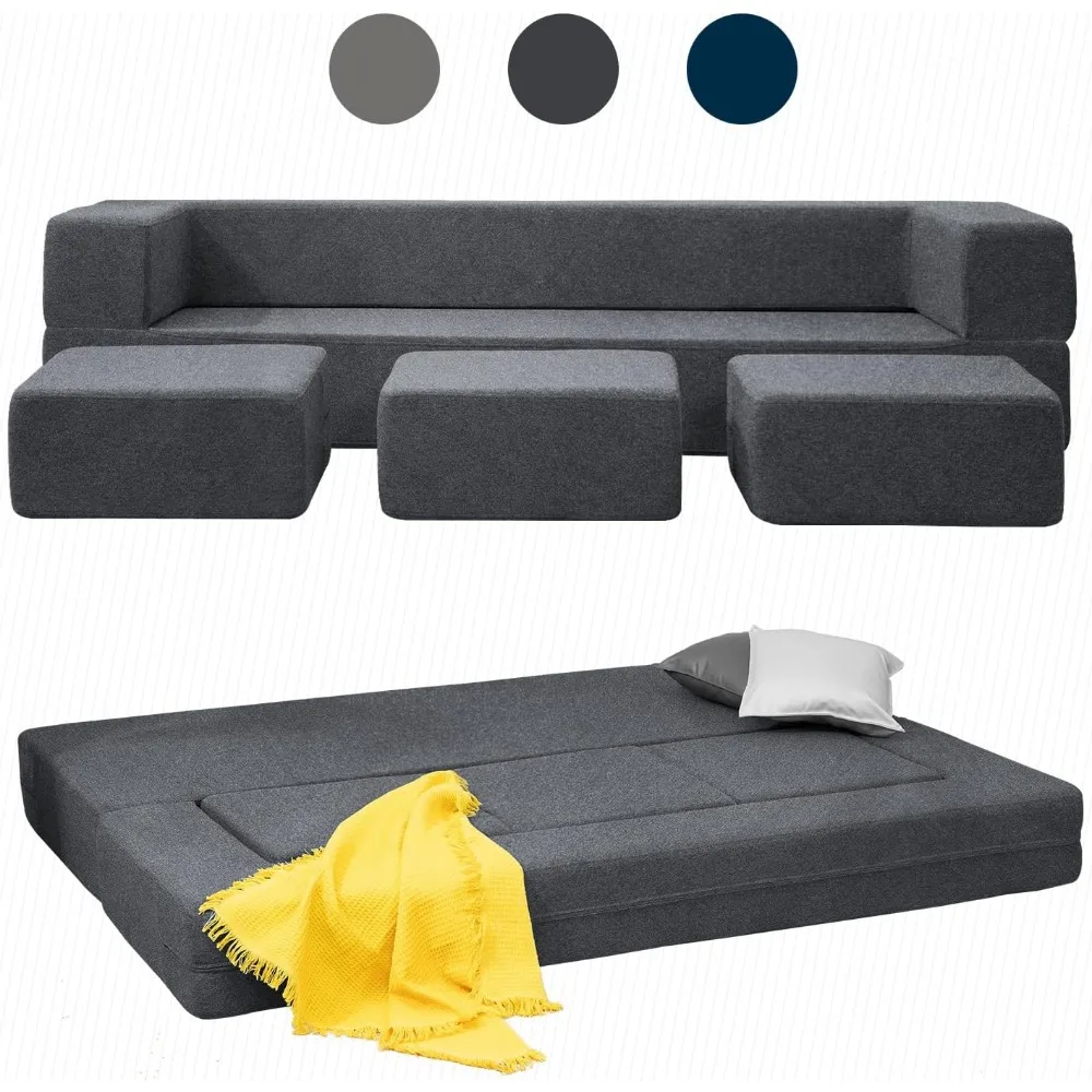 Sofá-cama futon conversível de veludo com 3 otomanos, sofá-cama dobrável de espuma viscoelástica, dobrável, cama de hóspedes, sofá da sala de estar
